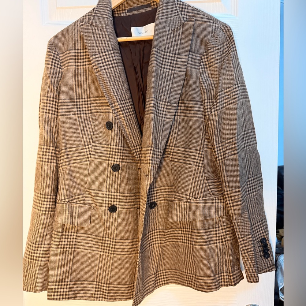 Double-Breasted Plaid Blazer - Brown/Tan